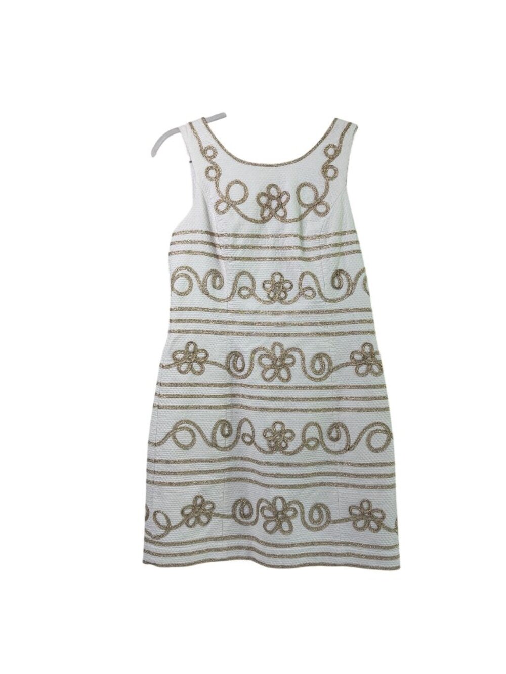 Lilly Pulitzer Lennox Shift Dress Size 10 White Pique Gold Swirl Floral Party